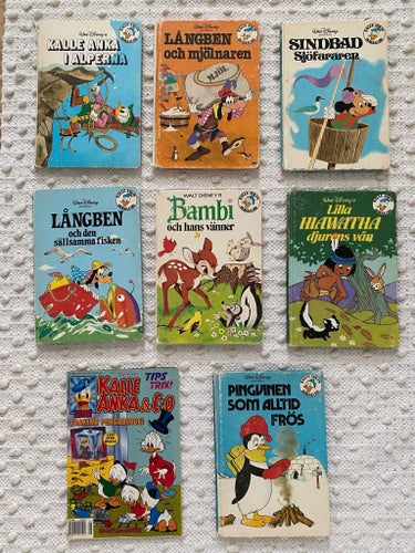 7 Kalle Anka-böcker + tidning, Walt Disney, äldre