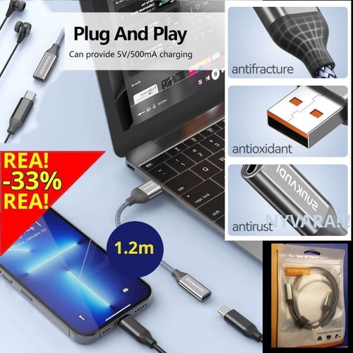 NYVARA! LJUDKORT soundcard 1.2m USB till USB-C ljudkort laddare (SUNKANDI AE102)
