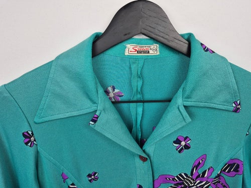 Vintage Swan Original Klänning Stl 44 Turkos Blommig Midi Retro 80/90-tal