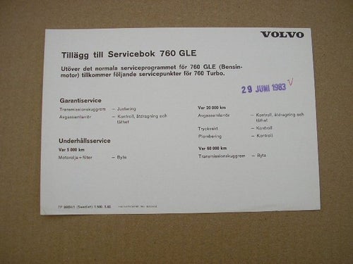 VOLVO Tillägg Servicebok 760 GLE