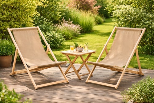 Hopfällbara Solstolar med Bord – 2-pack Trä Strandstolar Trädgård Balkong