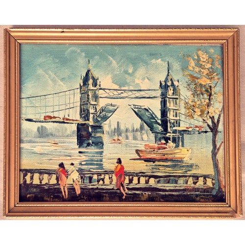 London, England retro vintage oljemålning 23x18 cm, signerad
