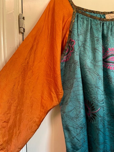 Magisk Sidenklänning, fåglar. Batik, Oriental Vintage klänning