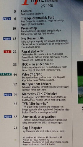Teknikens Värld nr 14 1998: Ford Cougar, Mercedes CLK Cab, TVR Cerbera