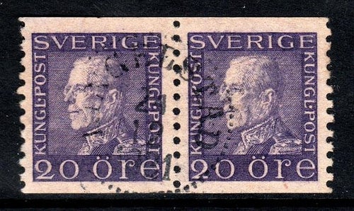 F.179Ag bz, 20 öre Gustaf V, profil vänster, stämplat par med vm bz ulramarinakt