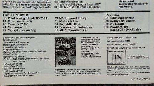MC-Nytt 5 1985: Yamaha FZ 750, beg Yamaha XJ 400, beg Honda CB 500