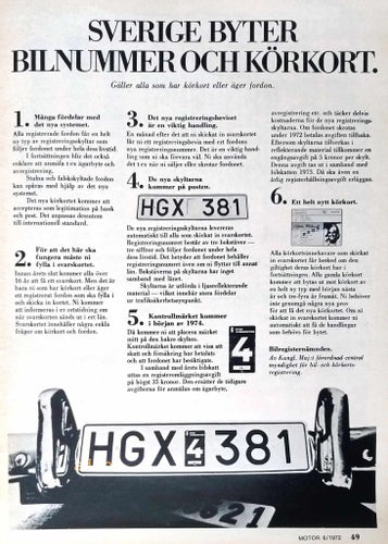 SVERIGE BYTER BILNUMMER OCH KÖRKORT, ANNONS 1972