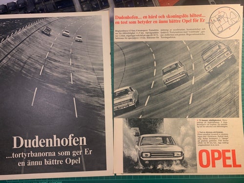 Retro-annons ”Opel på tortyrbanan Dudenhofen” från 1967