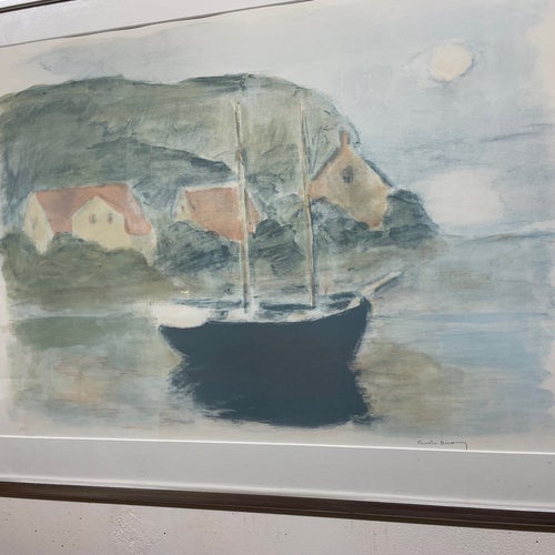 Litografi Gustav Rudberg Kustmotiv med segelbåt