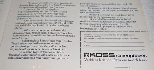 KOSS - STEREOPHONES TECH 2, HI-FI TIDNINGSANNONS 1977