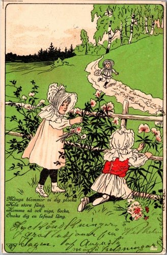 Jenny Nyström - Två flickor som plockar blommor fina vid staket