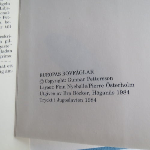 Stor bok - EUROPAS ROVFÅGLAR / Gunnar Pettersson - 1984