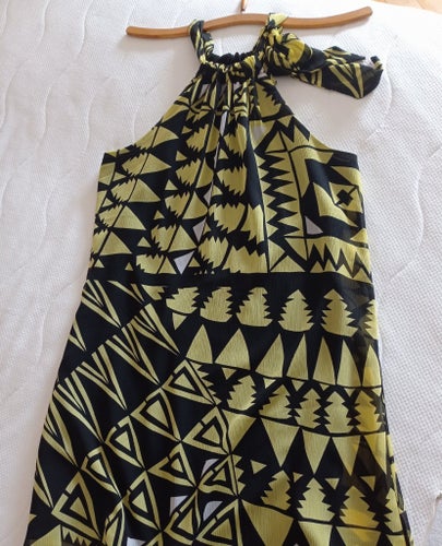 ASOS gul/svart/vit halterneck klänning, storlek 10 ca 36/38