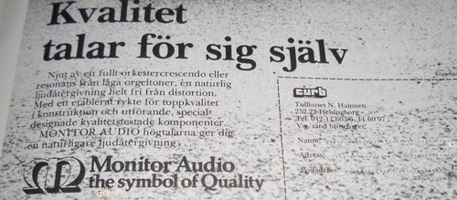 MONITOR AUDIO - THE SYMBOL OF QUALITY, HI-FI TIDNINGSANNONS 1977