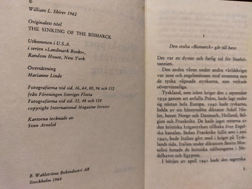 Slagskeppet Bismarcks undergång - William L. Shirer. Bok. Very Fine plus