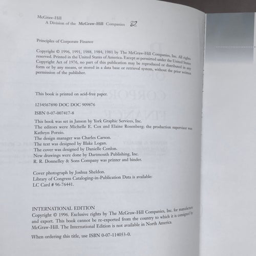 PRINCIPLES OF CORPORATE FINANCE Richard A. Brealey Stewart C. Myers 1996
