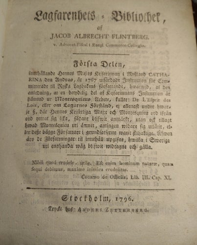 Lagfarenhets Bibliothek 1796–1803 – Flintberg, komplett 7 vol, juristproveniens