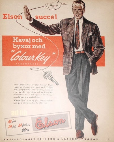 ELSON BORÅS - KAVAJ OCH BYXOR MED COLOUR KEY, TIDNINGSANNONS 1956