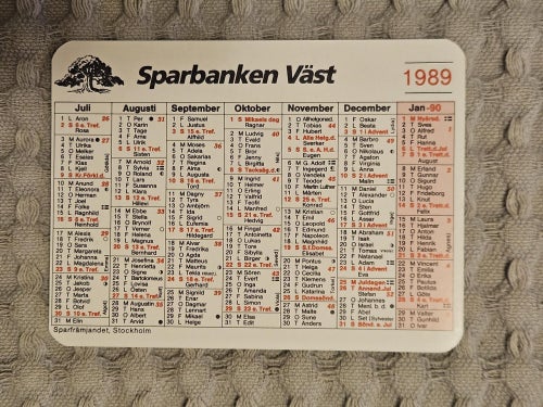 Sparbanken Väst. Almanacka från 1989.