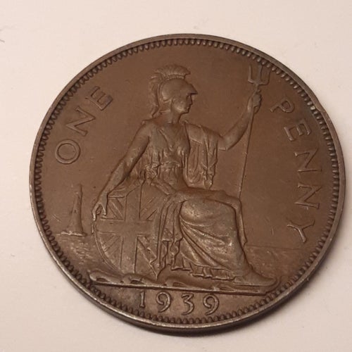 Brittisk one Penny från 1939 kung Georg vl bra och fint bruksskick.