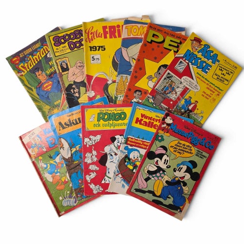 11 st äldre serietidningar – Stålmannen, Scooby Doo, Disney, Åsa-Nisse m.fl.