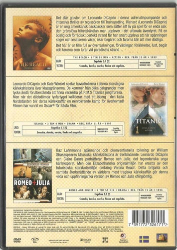 LEONARDO DI CAPRIO COLLECTION - 3 DVD - TITANIC , BEACH , ROMEO & JULIA(SVENSKT)