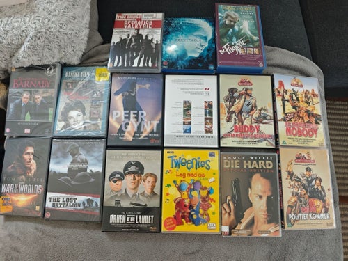 DVD-samling: 14 fodral + 1 VHS – Danska filmer, krig & Hollywood (4 förseglade)