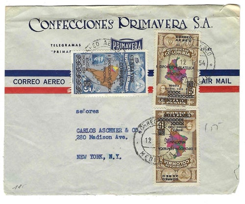 COLOMBIA, 1954, Flygpostbrev frankerad med bl.s. Påtrycksmärken