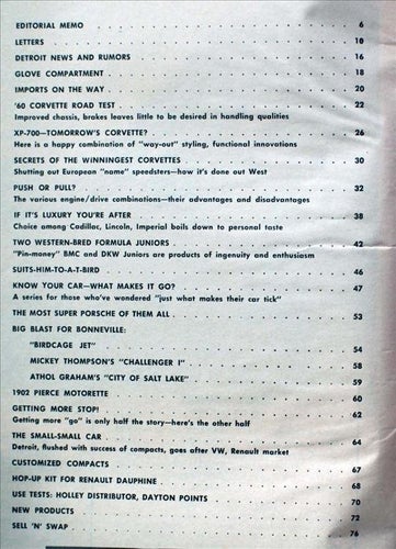 Motor Trend 1960/7 Corvette,Renault Dauphine,Bonneville,Porsche, småbilar