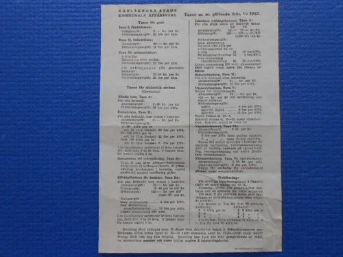 Taxor för Karlskrona Stads kommunala affärsverk 1947