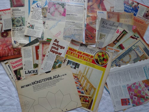 Mönster och tidningsurklipp för lapptäcken och lappteknik