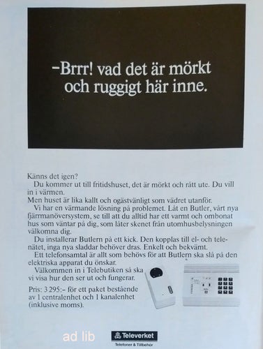 TELEVERKET - BUTLER, TIDNINGSANNONS 1986