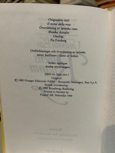 Rosens namn av Umberto Eco, bok, Very Fine plus