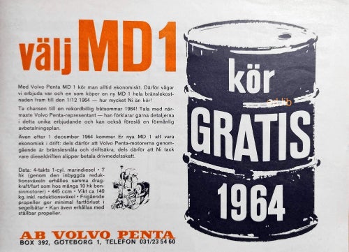 VOLVO PENTA MD-1, REKLAM TIDNINGSANNONS 1964