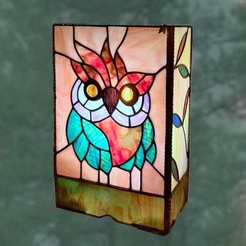 Artisan Stained Glass Owl Lamp
