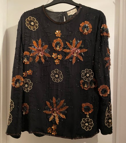 Frank Usher svart blus, paljetter, storlek M, fest