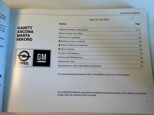 Opel Instruktionsbok 1978