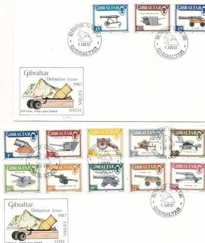 GIBRALTAR - 2 FDC 1987 - Kanonserien m/ 13 Märken. Fra 1 p til 5£ - KV 360,-