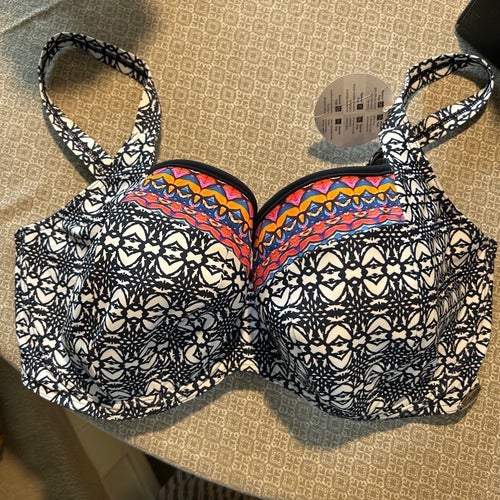 SUNFLAIR mörkblå , vit, flerfärgad bikiniöverdel, storlek F-CUP