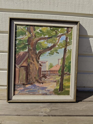 (W271) Oljemålning på pannå gårdsmotiv träd 45x52