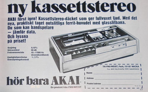 AKAI - KASSETTSTEREO-DÄCK, HI-FI REKLAMANNONS 1973