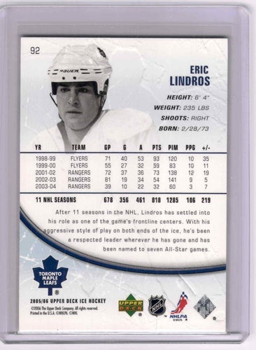 2005-06 UD Ice Eric Lindros #92 Toronto Maple Leafs