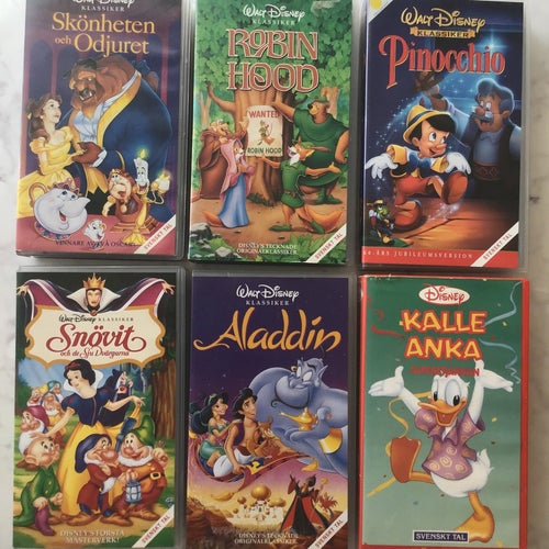 Disney Klassiker VHS-filmer: Aladdin, Snövit, Kalle Anka, Skönheten och