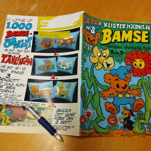 Bamse 1987 nr 8 med extra klistermärken boketiketter. Very Good plus