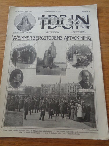 Idun nr19 1916 Gunnar Wennerberg staty av Eld avtäckning Djurgården på omslaget