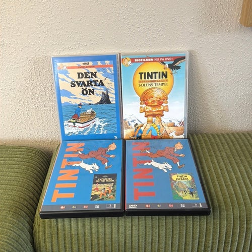 Fyra Tintin DVD-filmer: Den svarta ön, Solens tempel, Månen tur och retur, Tinti