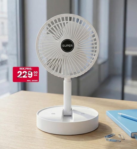 NY Kompakt, portabel USB-skrivbordsfläkt • 2000 mAh • Upp till 8 timmar drift