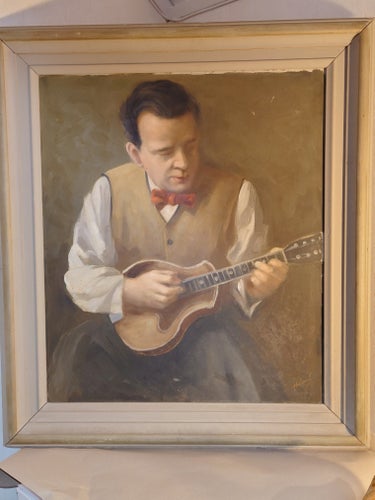 ÅKE AHNLUND,TRUBADUR, OLJA PÅ PANNÅ, MÅTT 87,5 x 77,5 CM. MYCKET FINT SKICK.