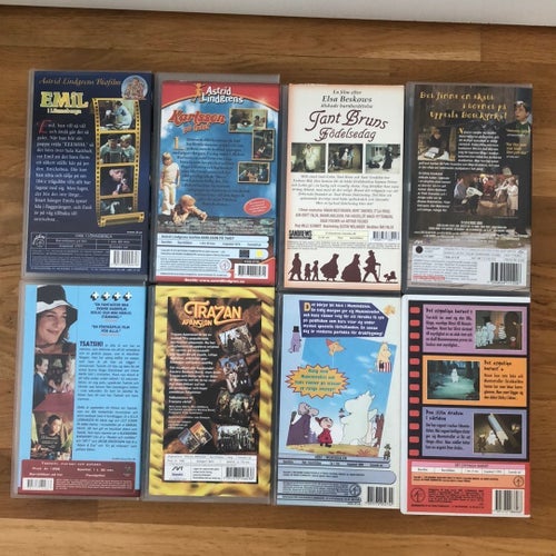 8 VHS-filmer: Emil, Karlsson på taket, Pelle Svanslös, Tant Brun, Mumin, Trazan