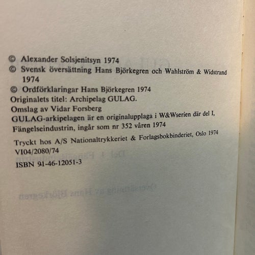Gulag-arkipelagen av Aleksander Solsjenitsyn, bok, Very good plus